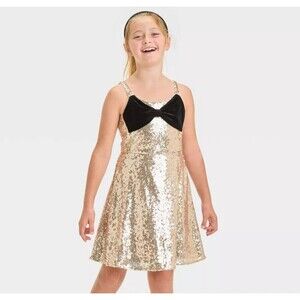 Girls' Sleeveless gold Sequin Skater Velvet Bow Dress - Cat & Jack Size XS - 4-5